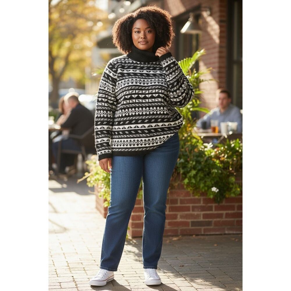 Lane Bryant Plus Size 22/24 Black White Acrylic Pullover Sweater Turtleneck Knit